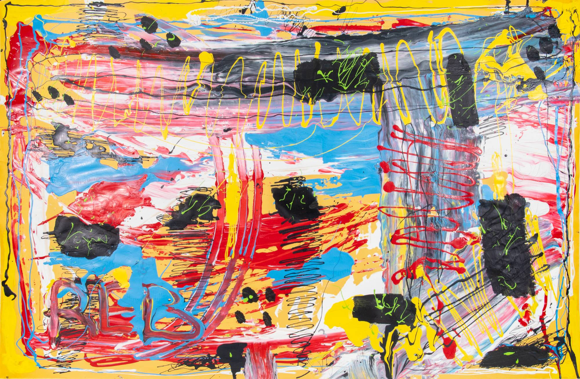 Abstract with black and white, pastels (bright colors). Background yellow smeared and dripped with black, red, blue, white, green; reminiscent of finger-painting.
